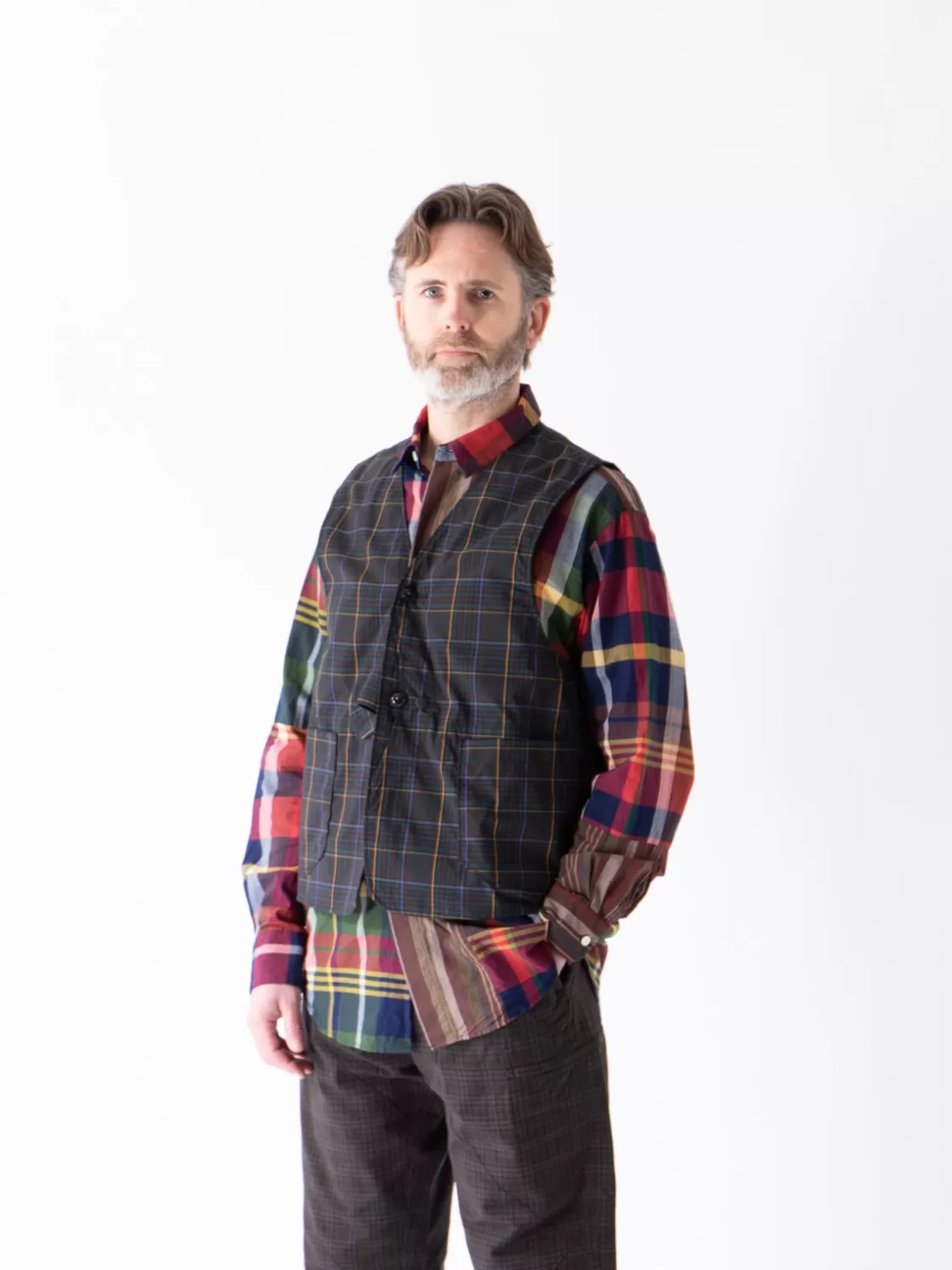 Engineered Garments Dark Brown Polyester Rayon Glen Plaid Upland Vest Outlet