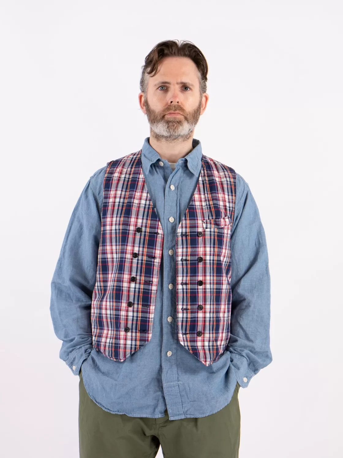 Engineered Garments Navy/White/Red Plaid Poplin Reversible Vest New