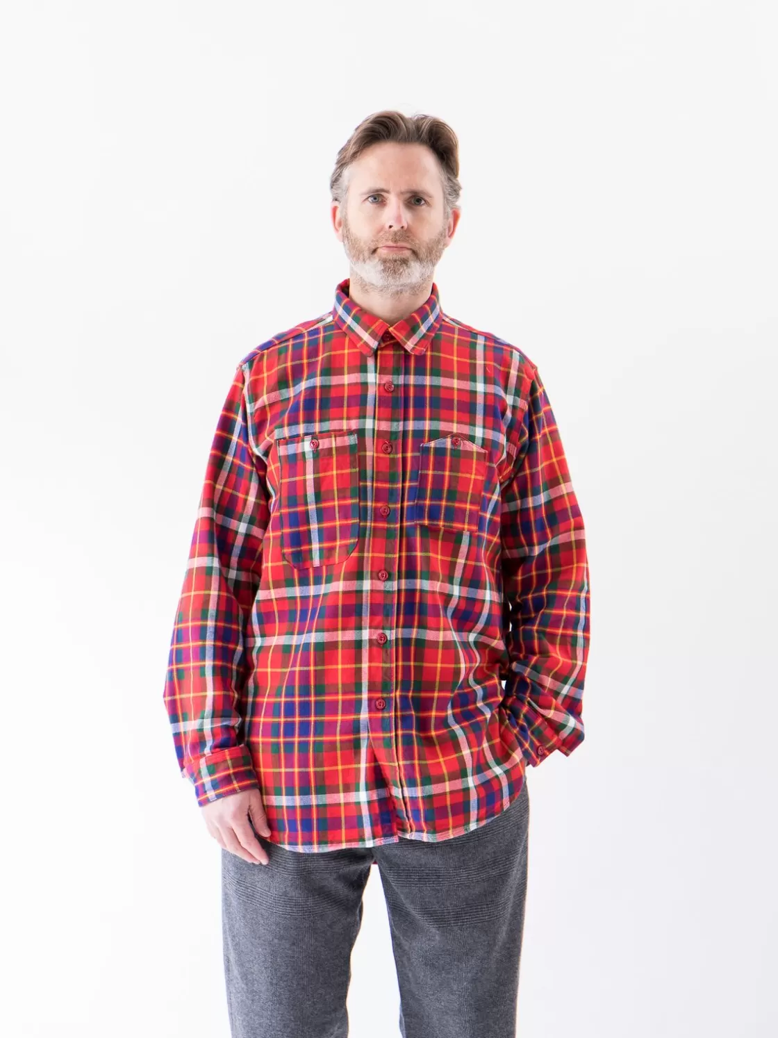 Engineered Garments Red/Green/Yellow Cotton Twill Plaid Work Shirt Cheap